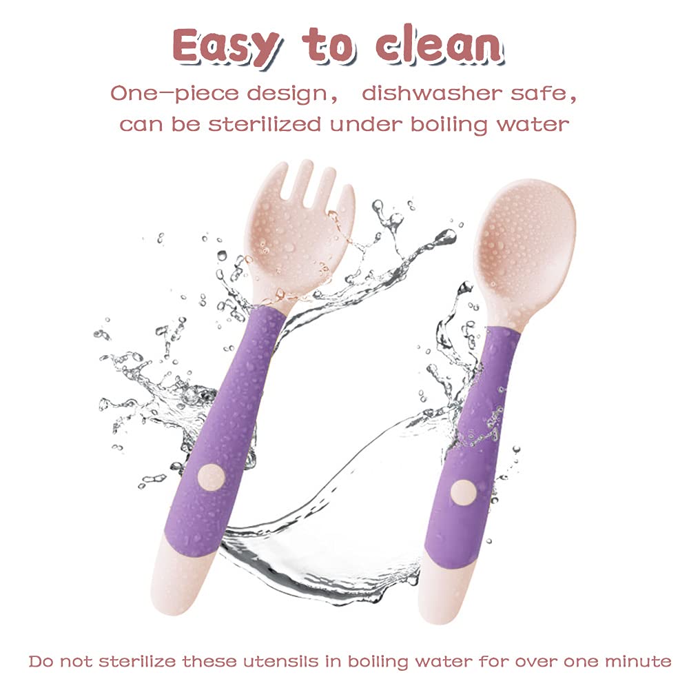 Baby Utensils Spoon Fork with Travel Case, Toddler Utensils for Self Feeding Bendable Handle Silverware for Kids Children (4 Set, Pink+Yellow+Green+Purple)