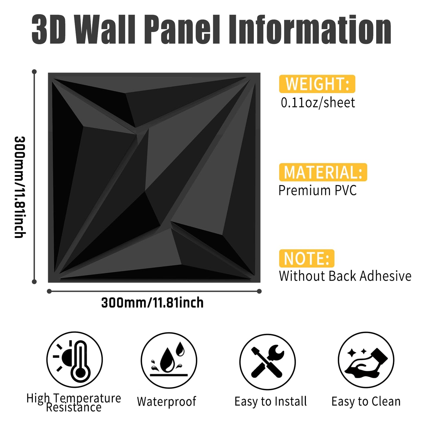 Decorative 3D Wall Panels, 33 Pack Textured PVC Tiles 12x12 Inch, Black - Covers 33 Sq Ft, Modern Wall Art for TV Wall & Game Room, Waterproof & Cuttable (Glue Required)