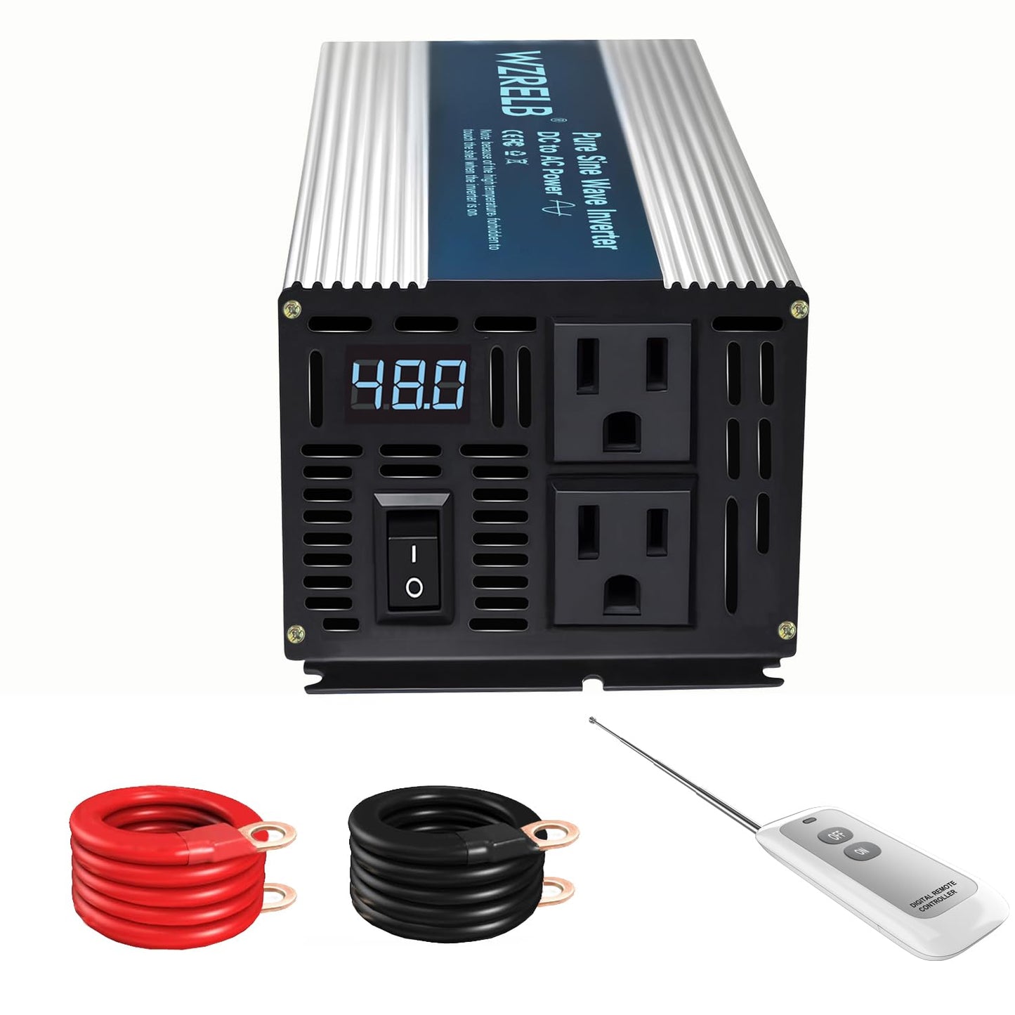 WZRELB 1000W Pure Sine Wave Inverter 48V DC to 110V 120V AC Power Converter with LED Display, Remote Controller, Off-Grid Power Inverter 2000W Surge for Home, RV, Truck, Camping