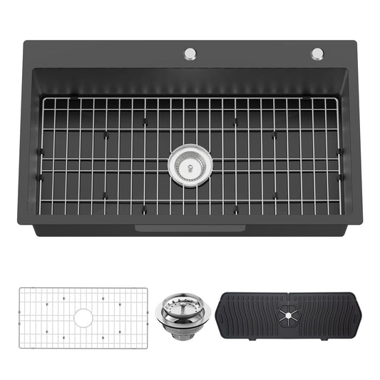 Black Kitchen Sink, 33x19 Inch Stainless Steel Drop In Modern Large Single Bowl Topmount Kitchen Sink Gift Combo-SS Grid,Silicon Mat, Drain Strainer Set Compatibility With Various Kitchen&Bar Styles
