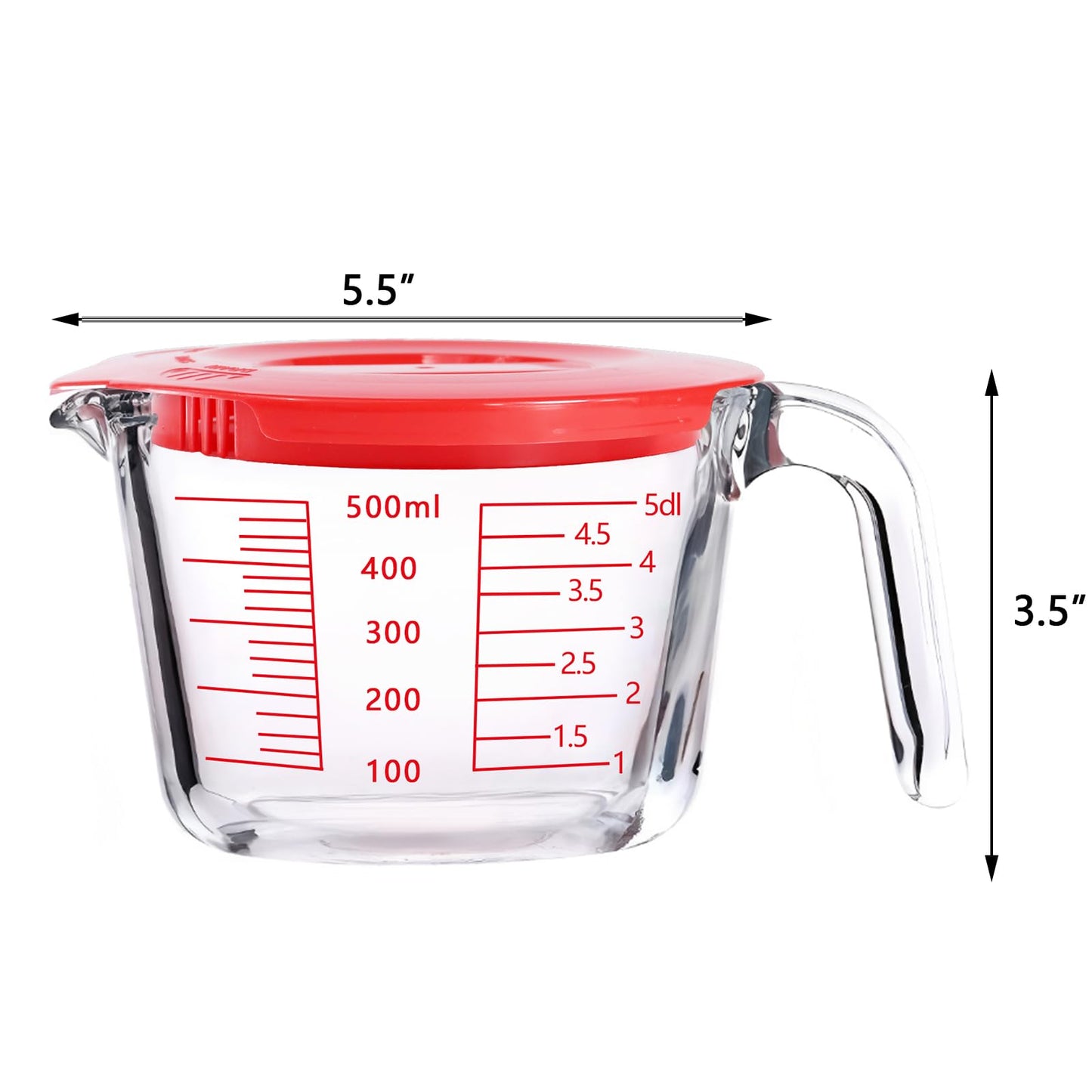 Glass Measuring Cups with Lids Set, Borosilicate Glass V-Shaped Spout Microwave Safe Scales Milk Cup for Cooking Baking (Red, 2CUP)