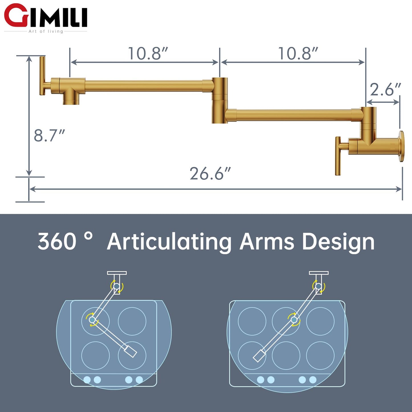 GIMILI Pot Filler Gold Commercial Wall Mount Faucet Folding Double Joint Swing Arm Pot Filler Rotatable Wall Faucet