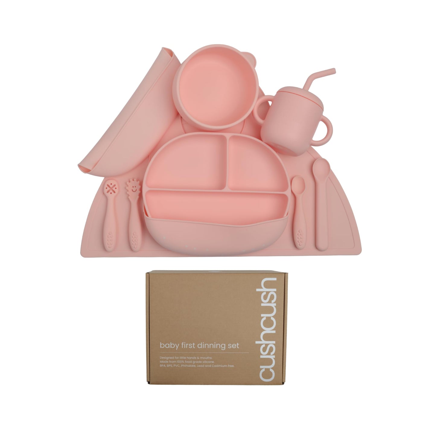 Cushcush Silicone Baby Feeding Set, Baby Led Weaning Supplies, First Stage Solid Food eating Utensils, Divided Suction Plate, Bowl, Bibs, Sippy Cup, Placemat - 6+ months Newborn Gift (Blush Pink)