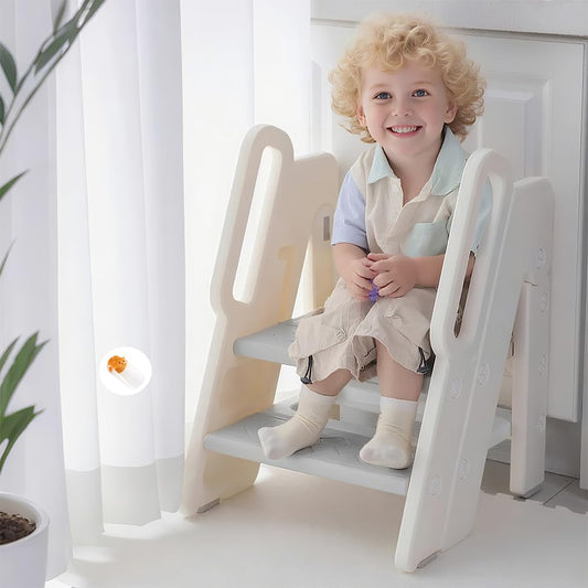 Foldable Toddler Step Stool, Adjustable 2-3 Step Kids Step Stools for Bathroom Sink, Potty Training Toilet, Child Kitchen Counter Standing Tower, Plastic Ladder Helper Stool for Bedroom