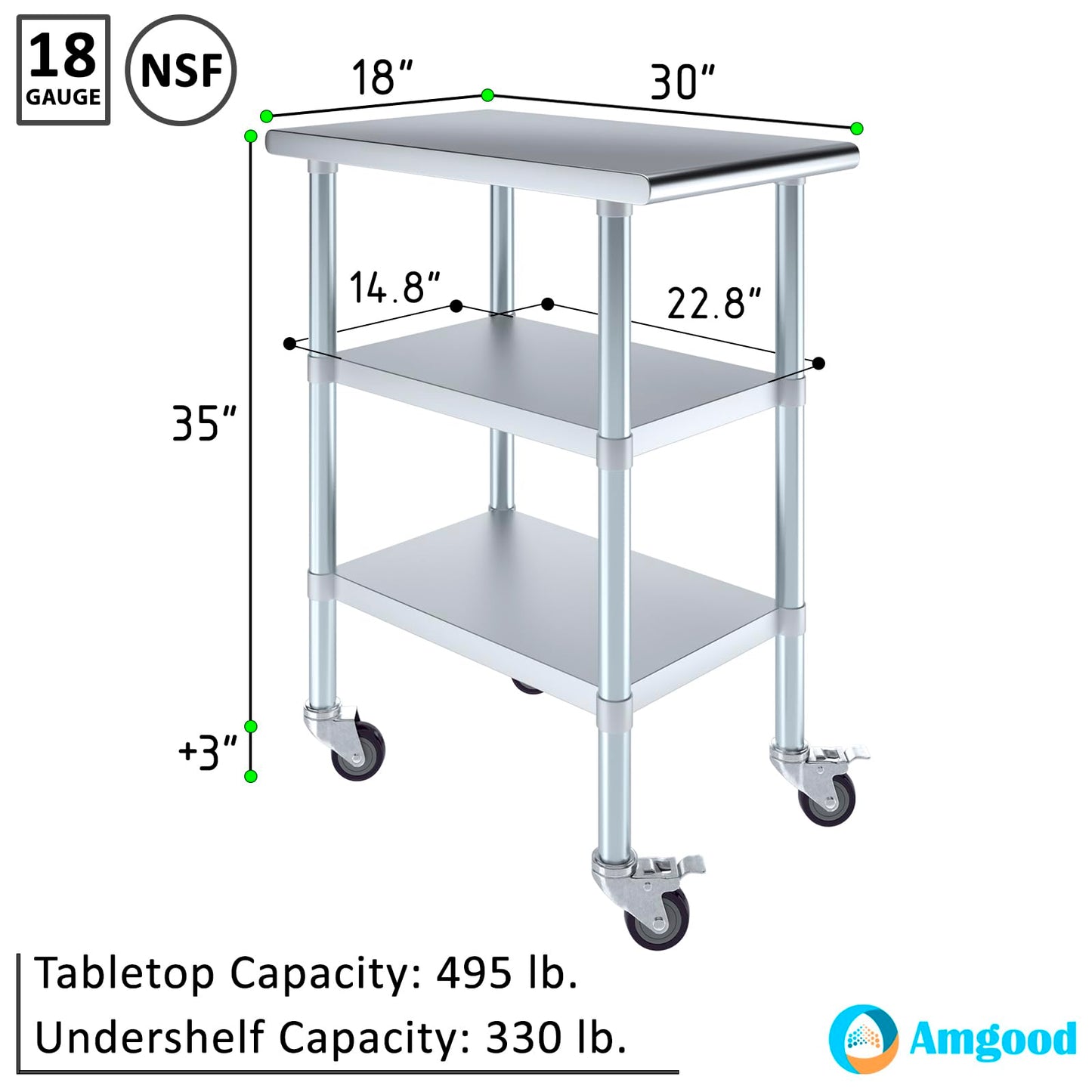 AmGood Stainless Steel Work Table with 2 Shelves and Casters | Metal Utility Table On Wheels (Stainless Steel Work Table with 2 Shelves + Casters, 18" Long x 30" Deep)