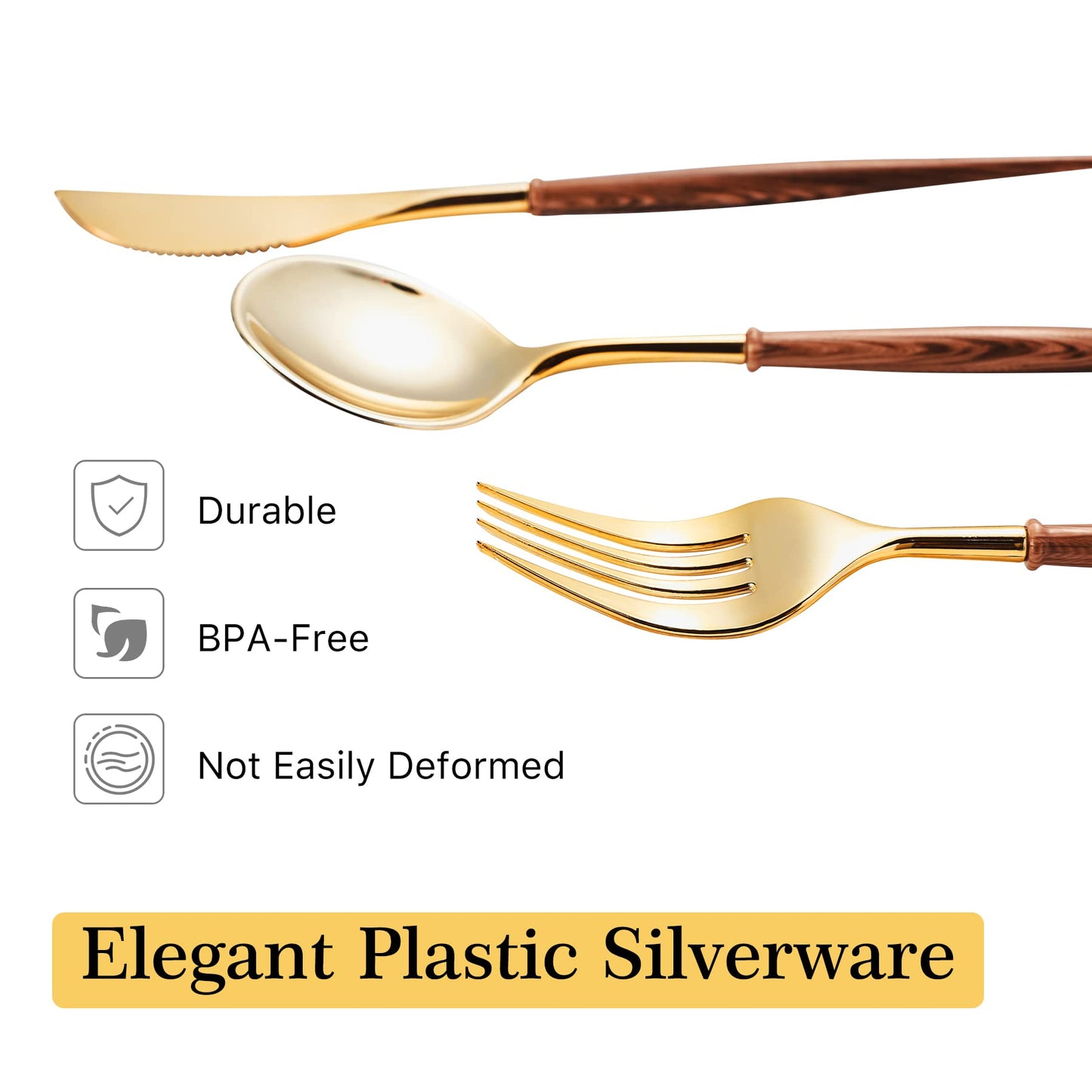 Lullaby 120PCS Gold Plastic Silverware, Gold Disposable Cutlery with Wood Grain Handle Include 40 Forks, 40 Spoons, 40 Knives, Elegant Disposable Silverware for Wedding, Party, Gathering, Daily Use
