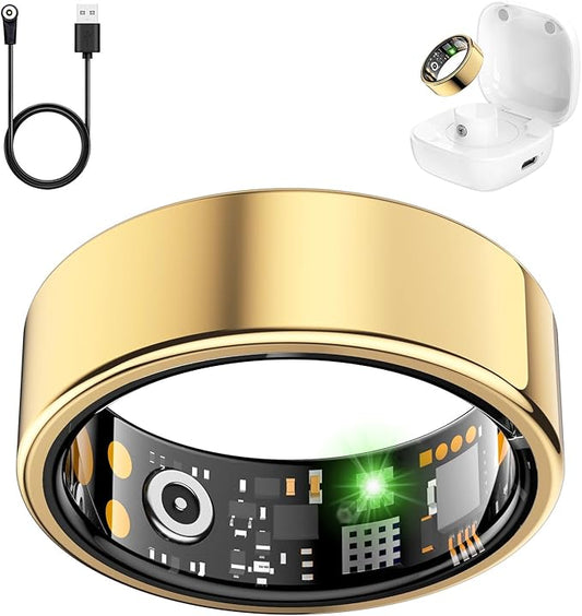 Smart Health Ring for Women Men, Fitness Tracker Ring with Heart Rate, Blood Oxygen, Sleep Tracker, Step Tracker, No Subscription Fee, IP68 Waterproof Smart Ring for iPhone & Android (Gold, 9#)