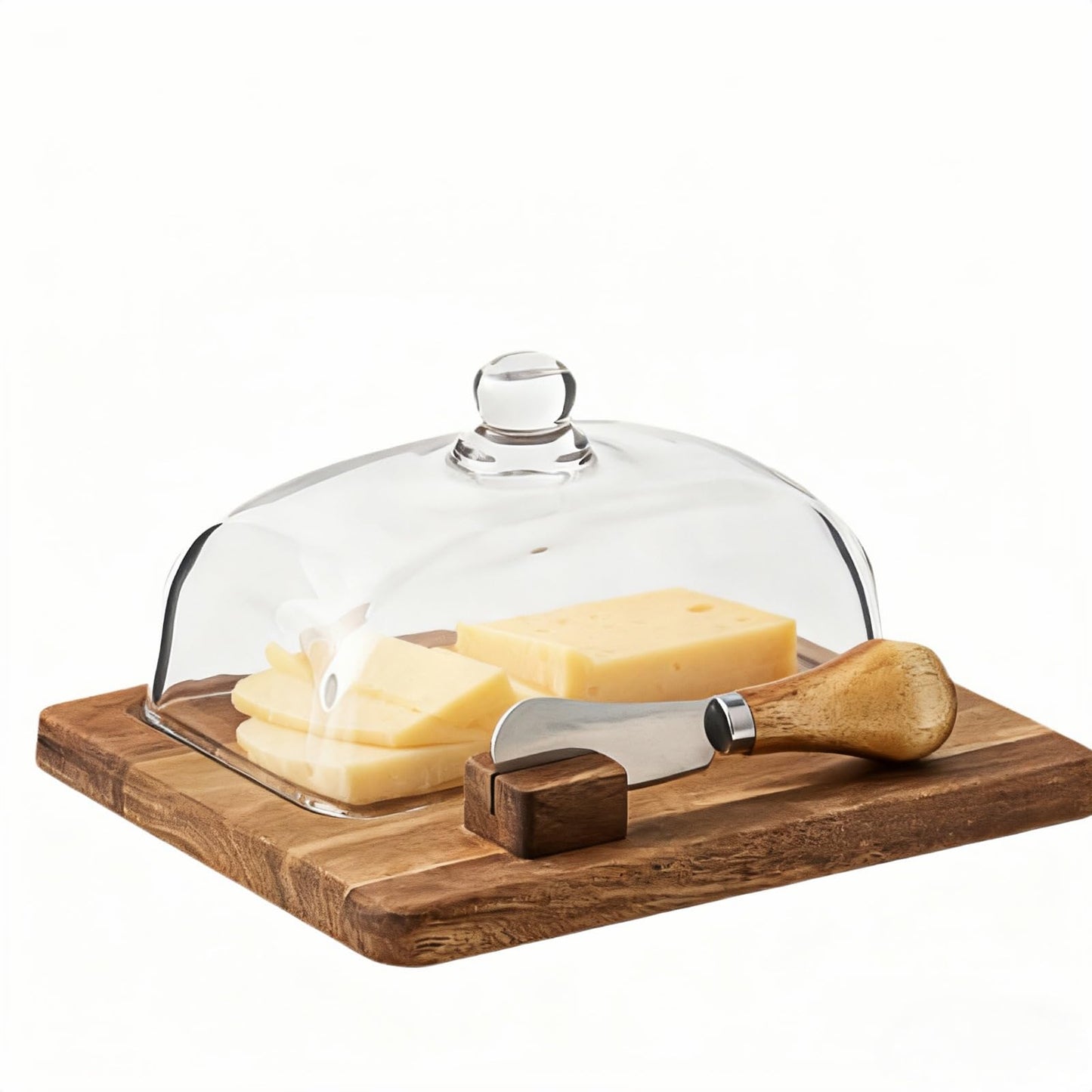 HAN SHENG Wooden Butter Dish with Glass Lid — Fits East & West Coast Sticks, Includes Stainless Steel Knife, Rustic Kitchen Countertop Decor