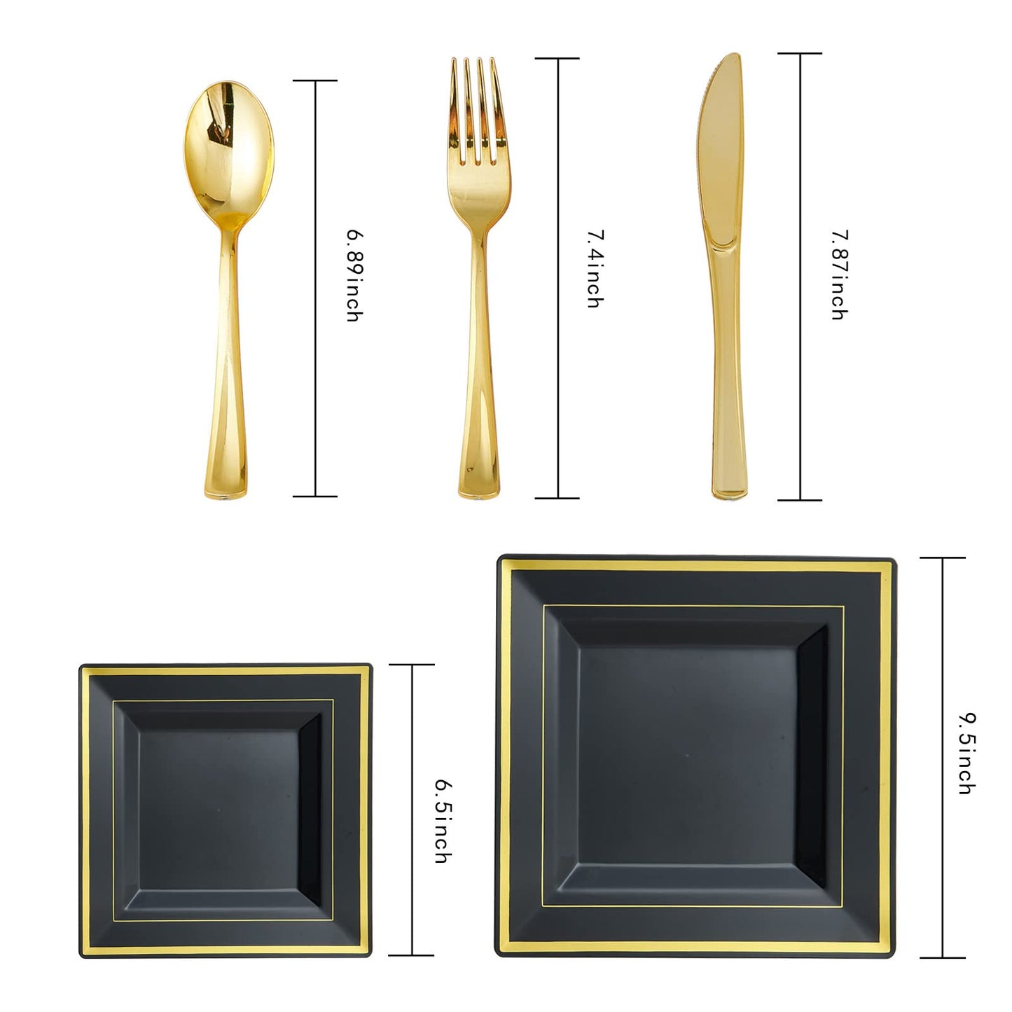 JOLLY CHEF 125 Count Square Black Gold Plastic Plates, Including 25 Disposable Dinner, 25 Dessert, 25 Knives, 25 Forks and 25 Spoons, Plastic Dinner Plates for Weddings and Parties