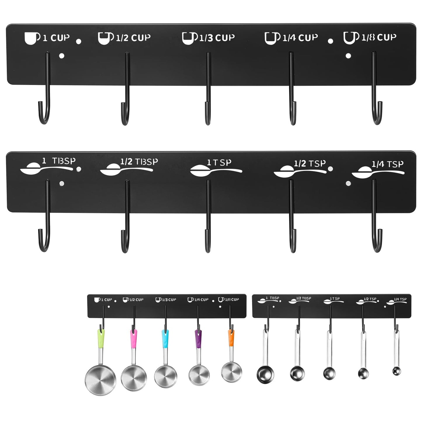 ProtectHobby 2 Pack Measuring Cups and Spoons Hanging Rack, Black Hanging Cups and Spoons Rack, Space Saving Kitchen Utensil Holder, Including Screw and Adhesive Mounting