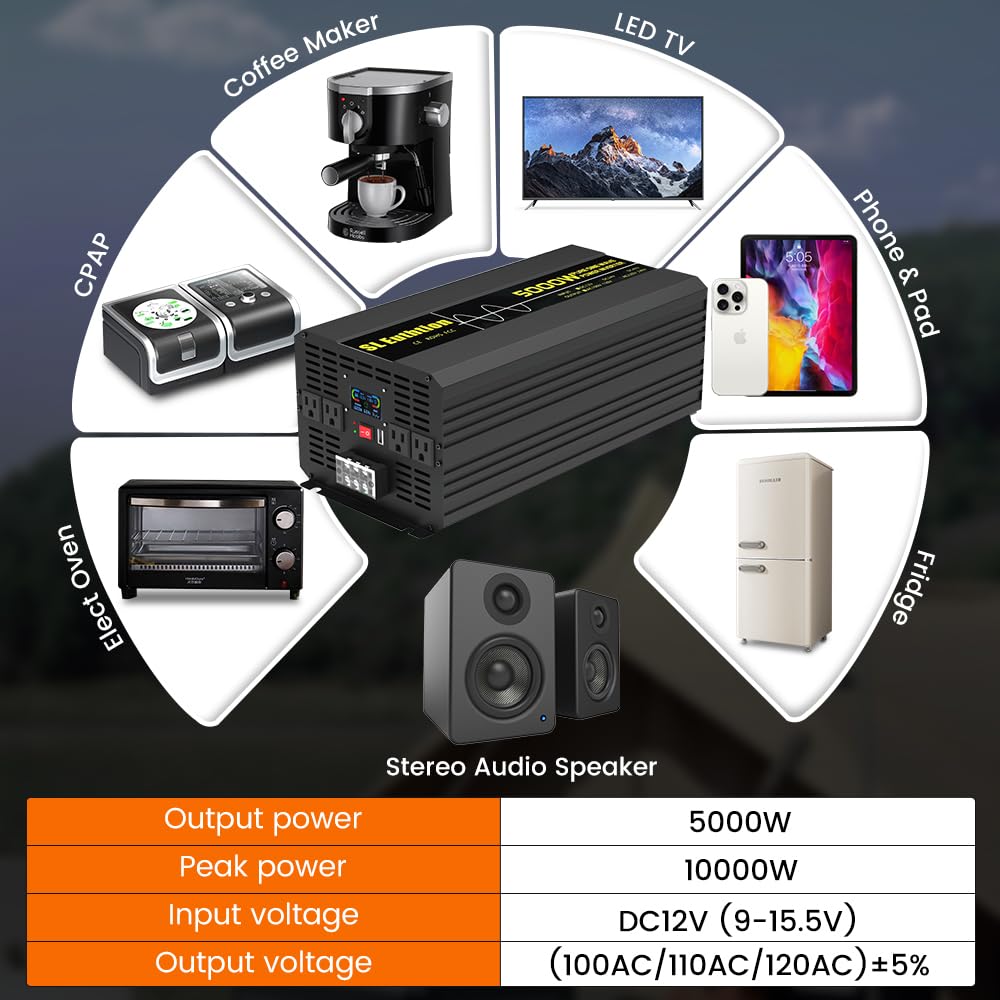SL Euthtion 5000W/10000W(Peak) Pure Sine Wave Car Power Inverter 12V DC to 120V AC 60HZ with LCD Display, USB Port, Wireless Remote Control（10M) for Car Home Laptop Truck