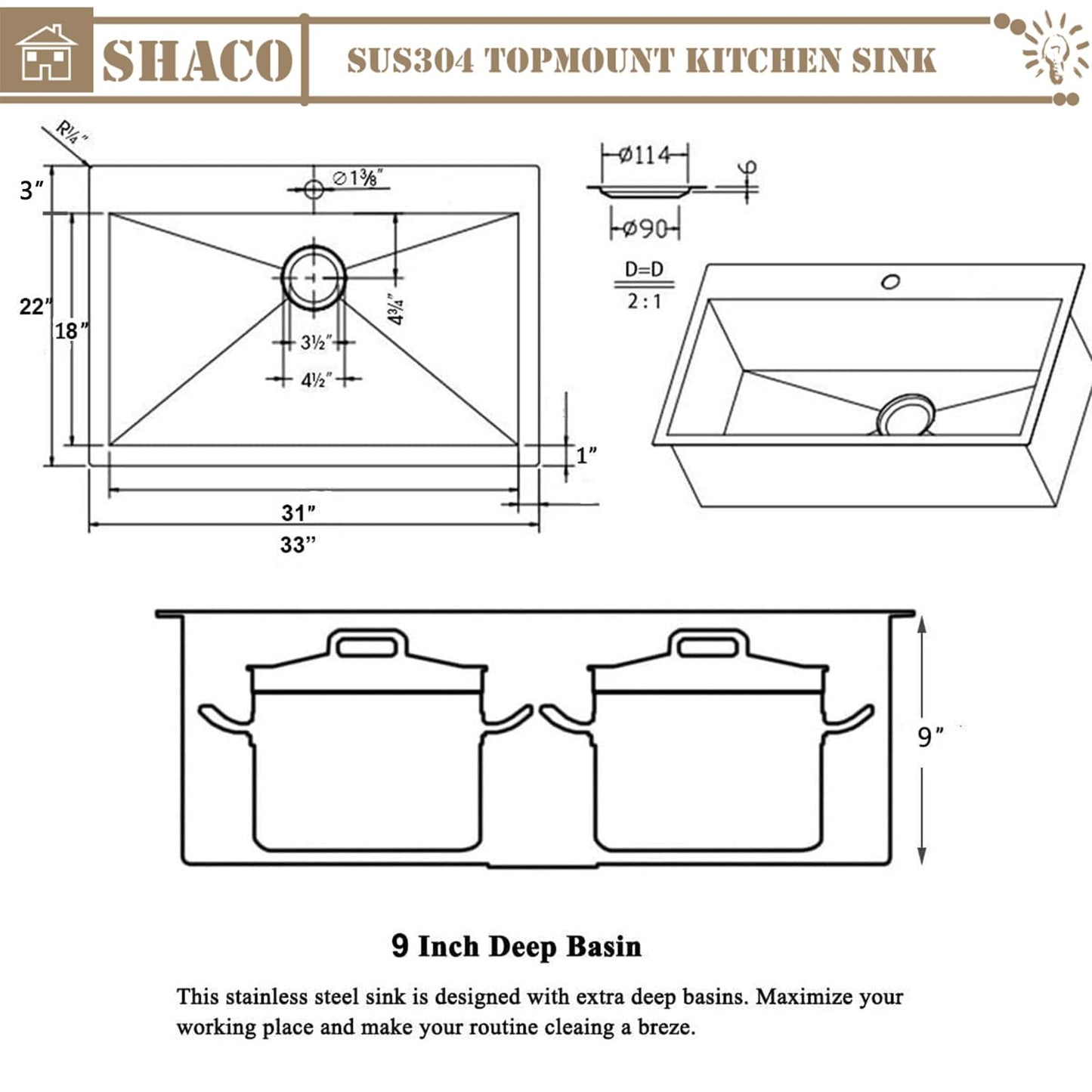 SHACO 33x22 Black Drop In Kitchen Sink, 33 Inch Topmount Gunmetal Black Stainless Steel Single Bowl Overmount Double Ledges Workstation Sink with Accessories