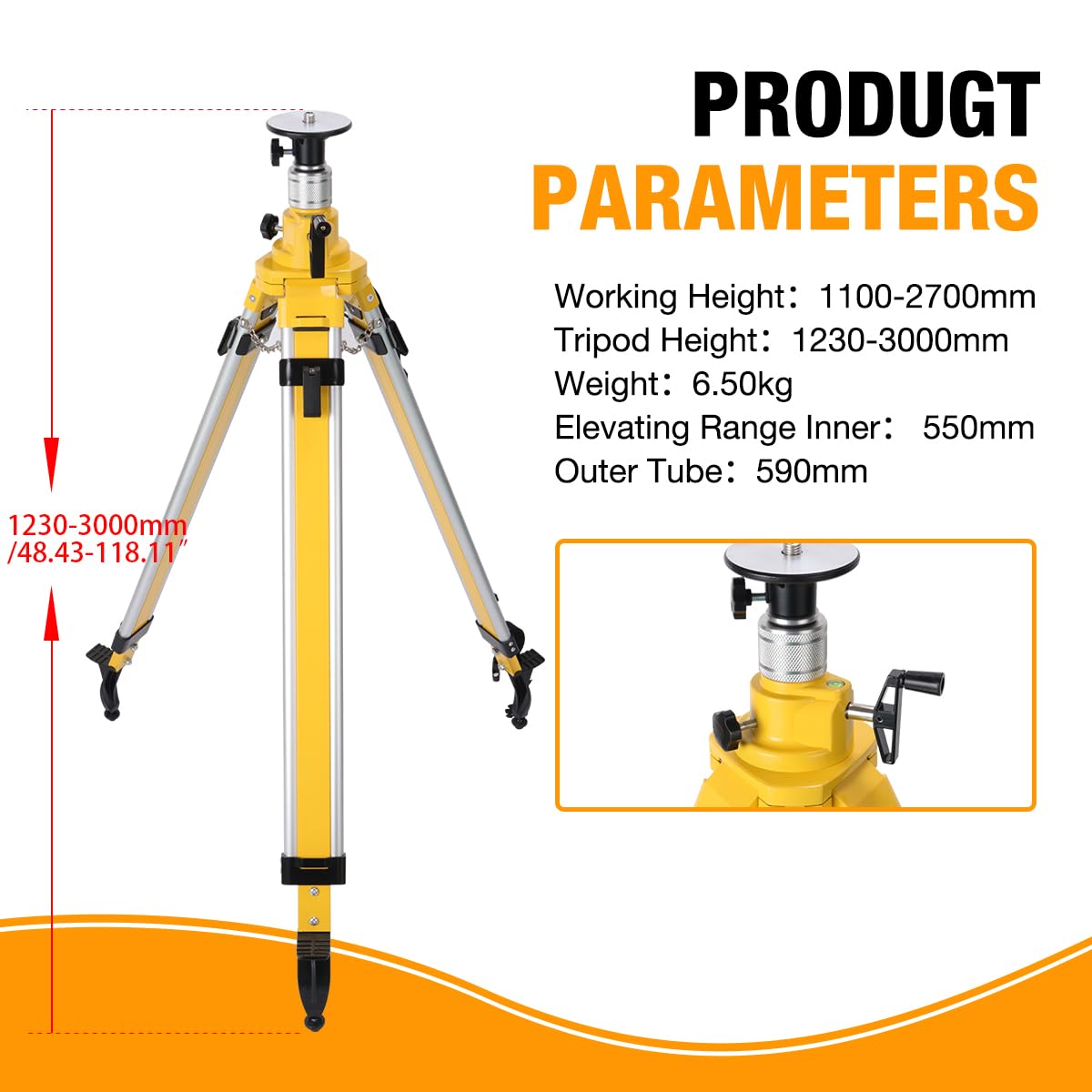 MOETER Heavy Duty Elevator Tripod for Laser Level, Adjustable Legs Surveying Tripod, 43.3" to 106.3" Height Adjustable for Cross & Rotary Lasers, Auto Levels, Theodolites, and Total Stations