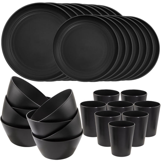 LIYH 48 Pcs Black Wheat Straw Plates and Bowls Dinnerware Set for 12, Camping Dish Set, Dishwasher Safe, Unbreakable Plastic Camper Dishes