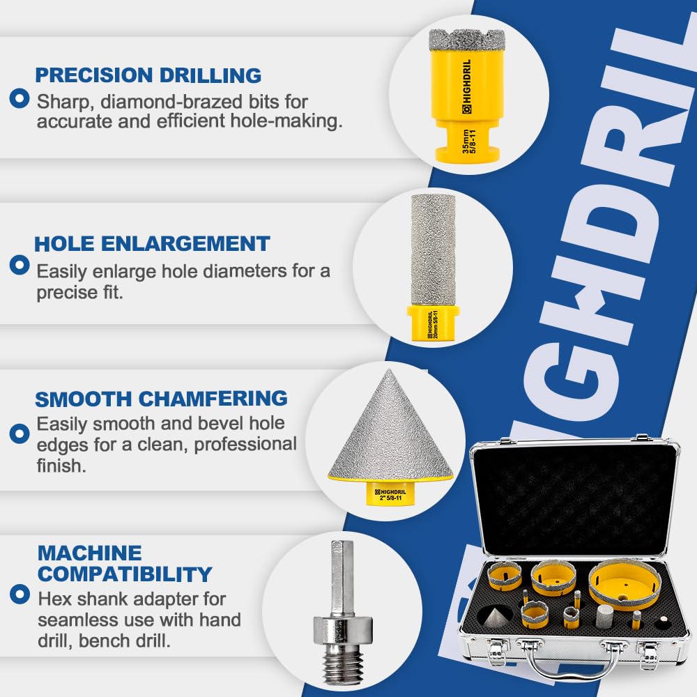 HIGHDRIL Diamond Drill Bits Kit with 5/8-11 and HIGHDRIL Diamond Tile Saw Blade - 4-1/2 Inch/115mm