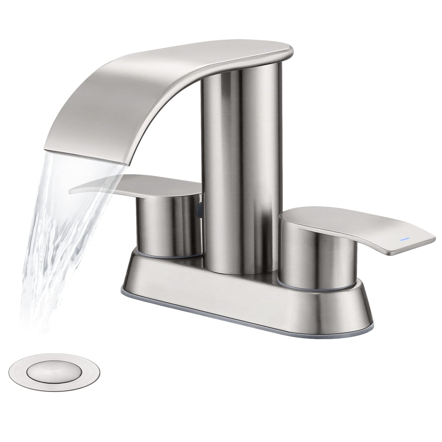 Ultimate Unicorn Waterfall Bathroom Sink Faucet Brushed Nickel, Two Handles Bathroom Faucet with Metal Pop up Sink Drain Stopper, Two Or 3 Holes Bathroom Basin Mixer Tap with Deck Mount Plate