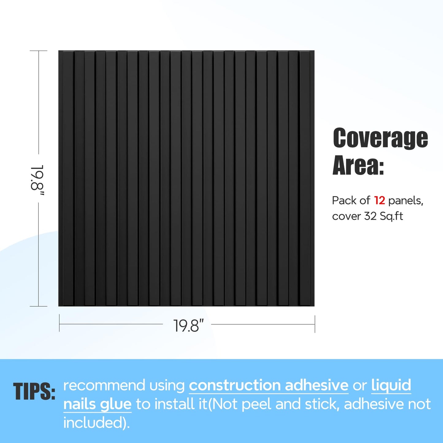 STICKGOO Slat Wall Panel, 3D Wall Panels for Interior Wall Decor PVC Fluted Textured Panel 12-Tile 19.7 x 19.7in - Black
