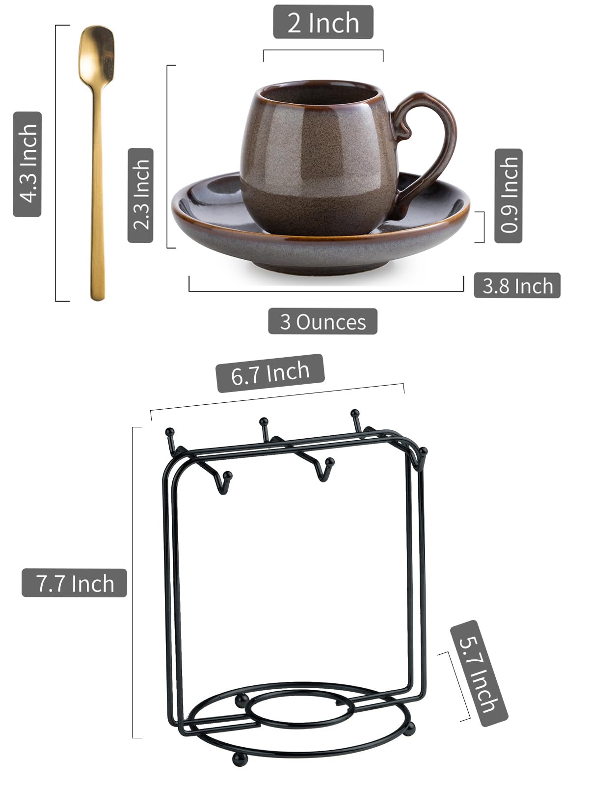 LYEOBOH 3 Ounce Espresso Cups and Saucers Set of 6, Ceramic Small Coffee Cups with Metal Holder and Spoons, Cute Demitasse Cups for Tea, Espresso, Latte, Cafe Mocha, Brown