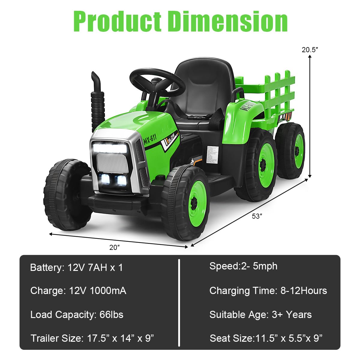 Costzon Ride on Tractor with Detachable Trailer, Kids' Electric Vehicles w/3-Gear-Shift Ground Loader, Wireless Design & USB, 7 LED Headlights, Remote Control Tractor Toy for Kids 3+ (12V, Green)