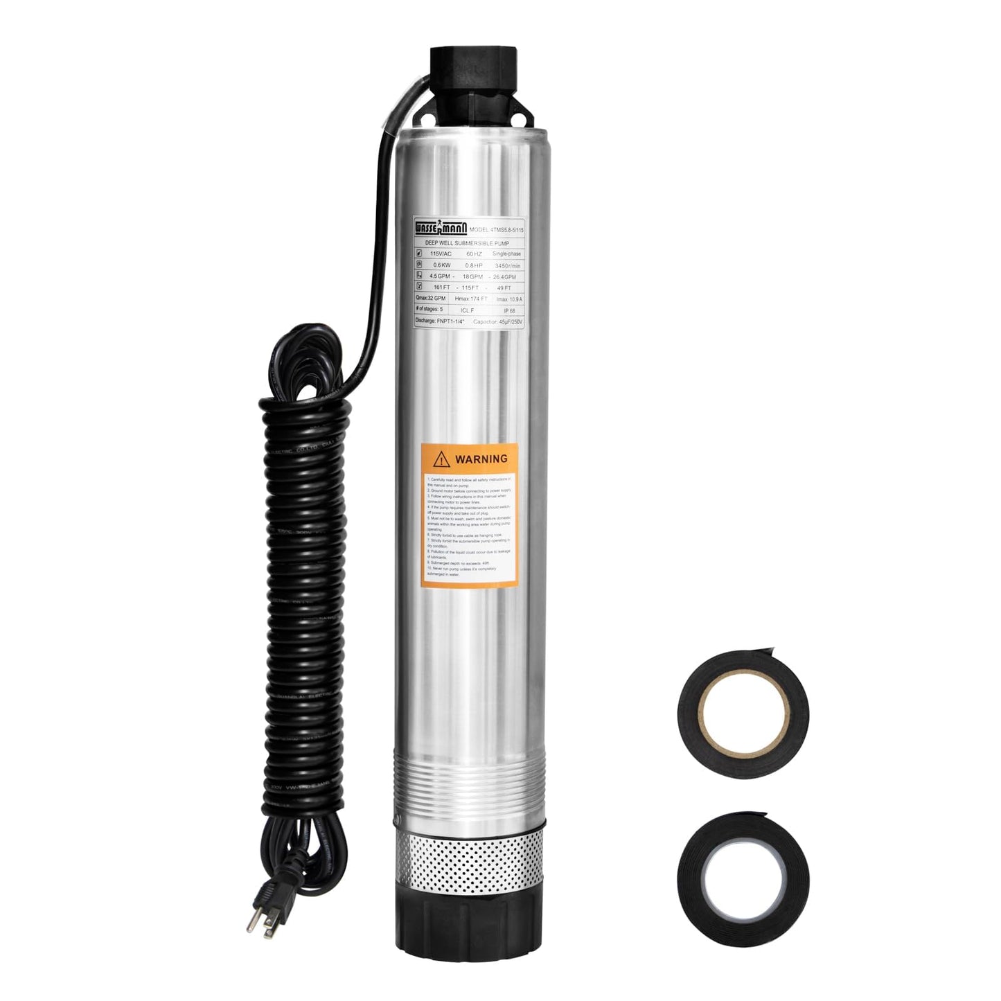 WASSERMANN 4" Effluent/Cistern Bottom Suction Pump with 33FT Cable, 3/4HP,115V/60HZ,32GPM,174FT Head,Stainless Steel Deep Well Submersible Pump for Septic Tank Home and Industrial Agricultural