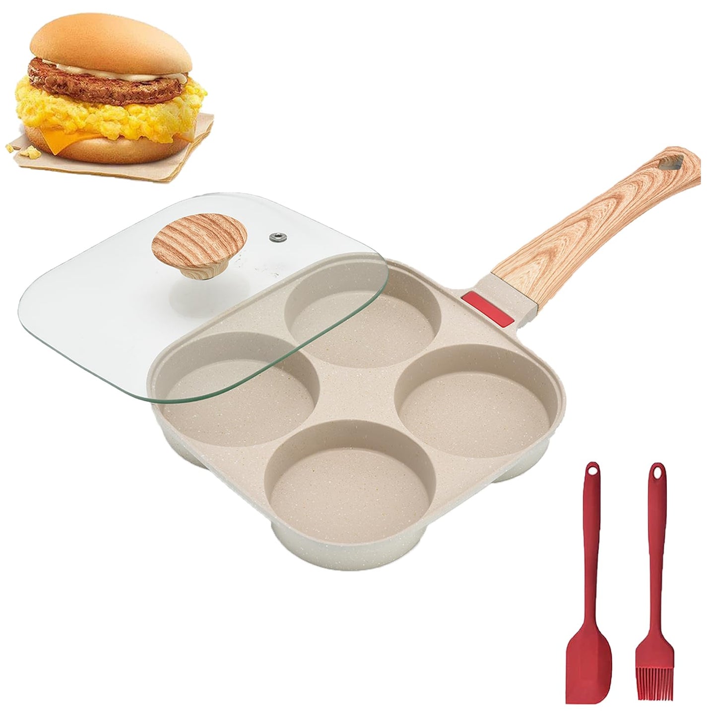 MIHUNTER Fried Egg Pan, Egg Frying Pan with Lid Nonstick 4 Cups Pancake Pan Aluminium Alloy Cooker for Breakfast(White)