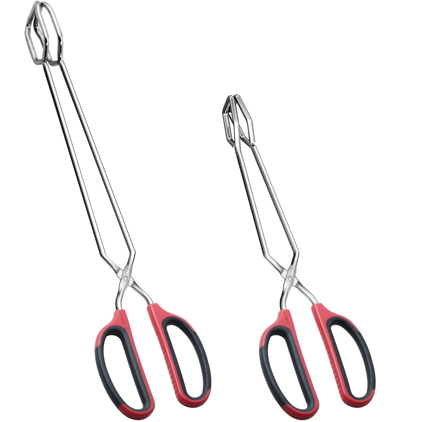 HINMAY 12" 16" Extra Long Stainless Steel Kitchen Tongs Set, Non-Slip Comfortable Red Grip, Scissor Design, Heat Resistant for Cooking Grilling and Serving