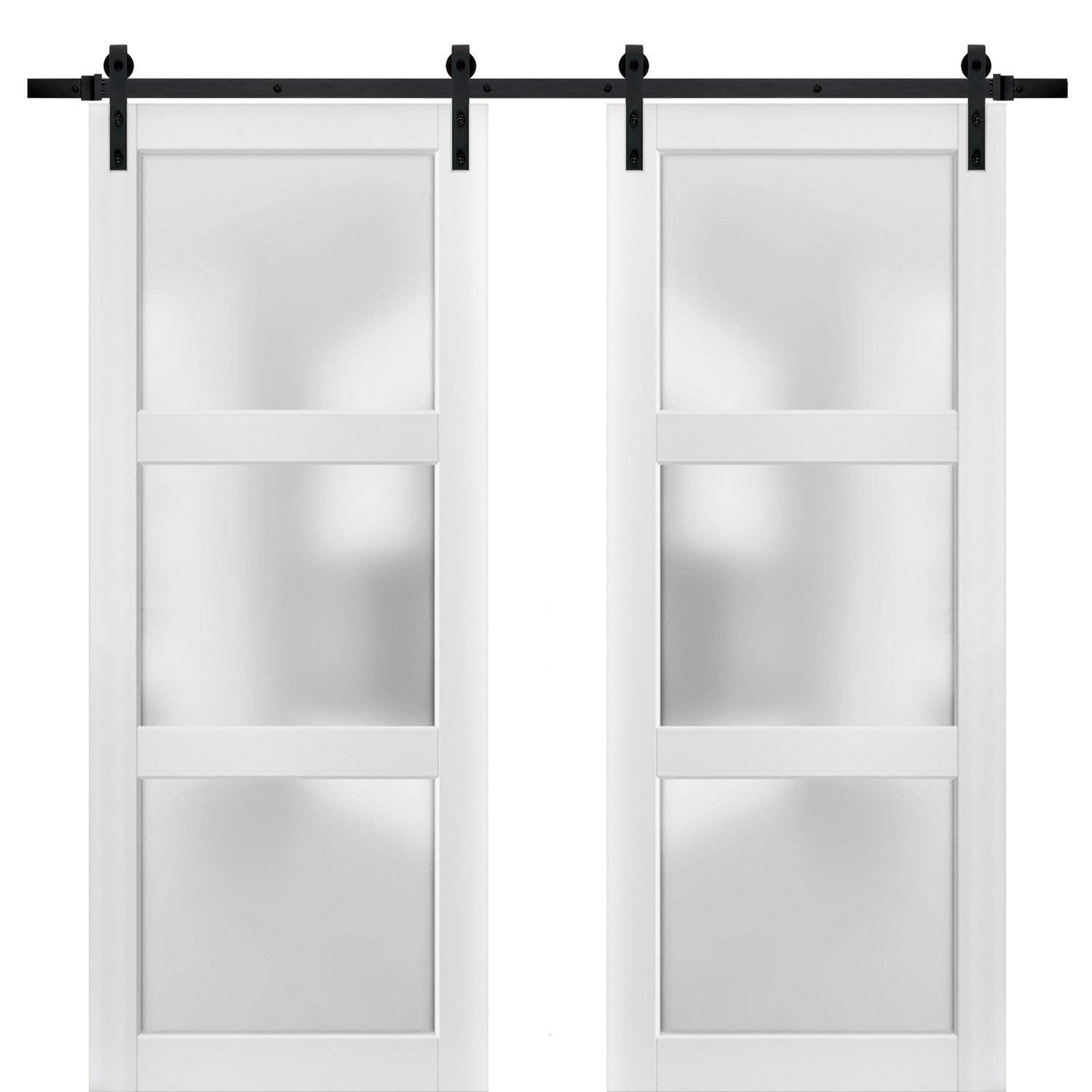 SARTODOORS Sliding Double Barn Doors with Hardware | Lucia 2552 White Silk with Opaque Glass | 13FT Rail Sturdy Set | Interior Bedroom Bathroom Door -84" x 96" (2 * 42x96)-Frosted Glass-Black Rail