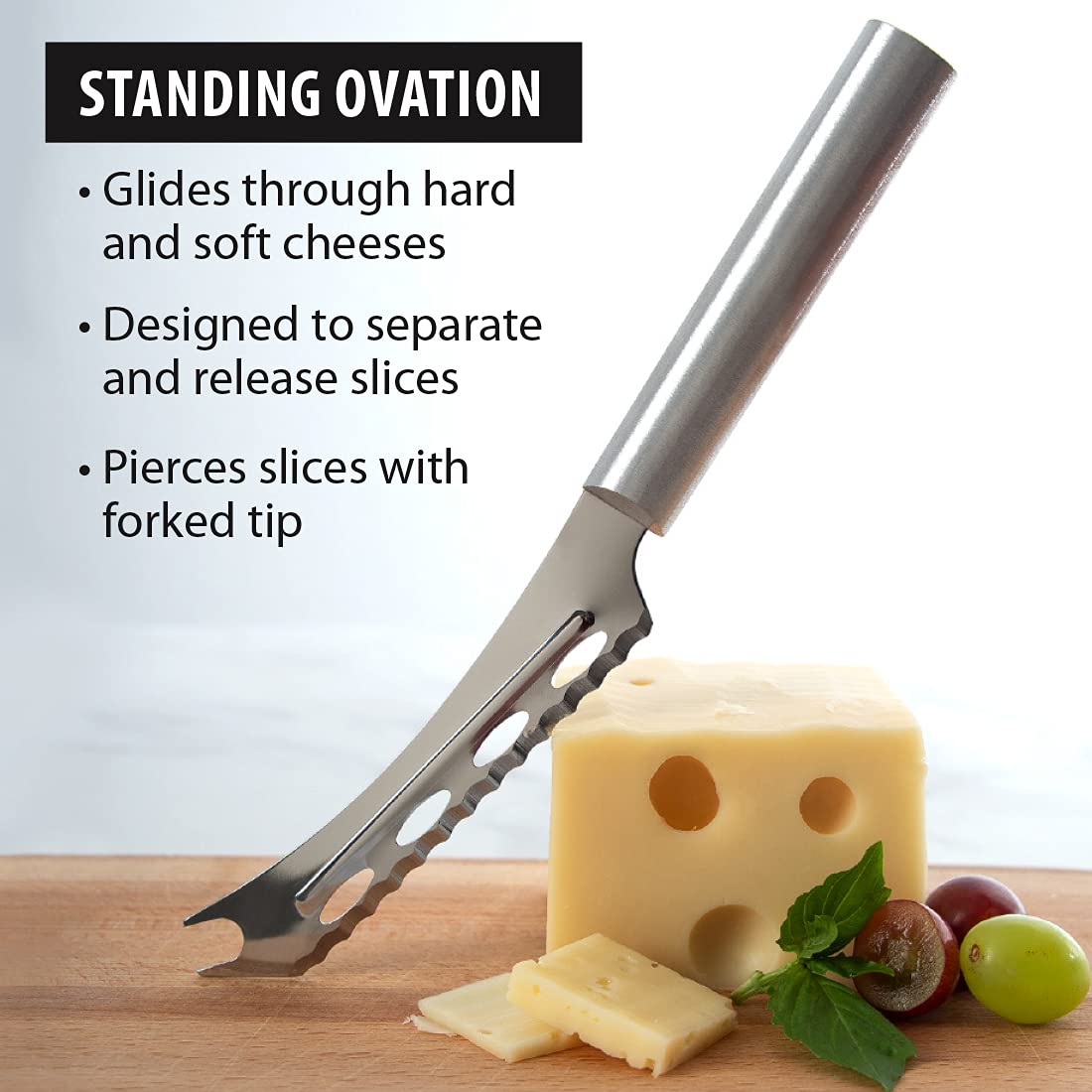 Rada Cutlery Cheese Knife (R139), 5.25" Stainless Steel Serrated Blade with Ridged Cutouts and Forked End, Silver Handle