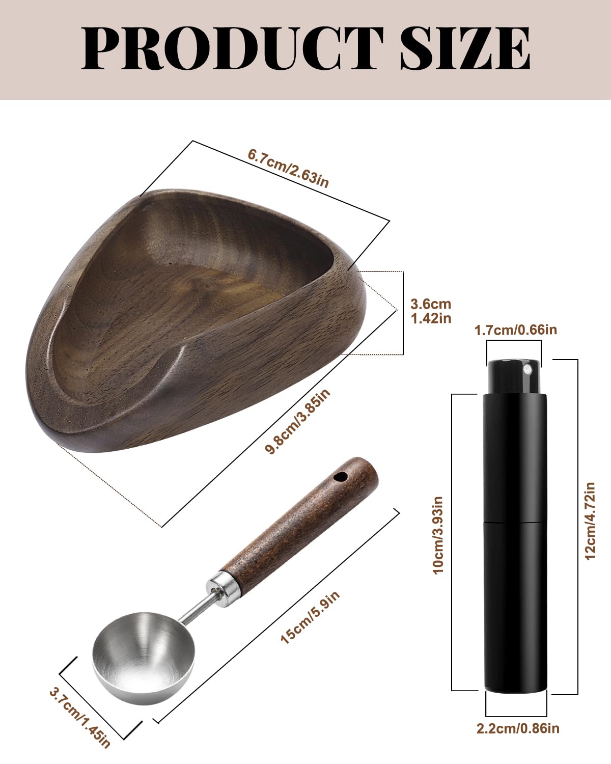 PROKITCHEN Coffee Bean Dosing Cup Set, Walnut Dosing Tray with 15ml Stainless Steel Measuring Spoon & 10ml Coffee spray bottle, Espresso Accessories for Baristas and Home Brewers