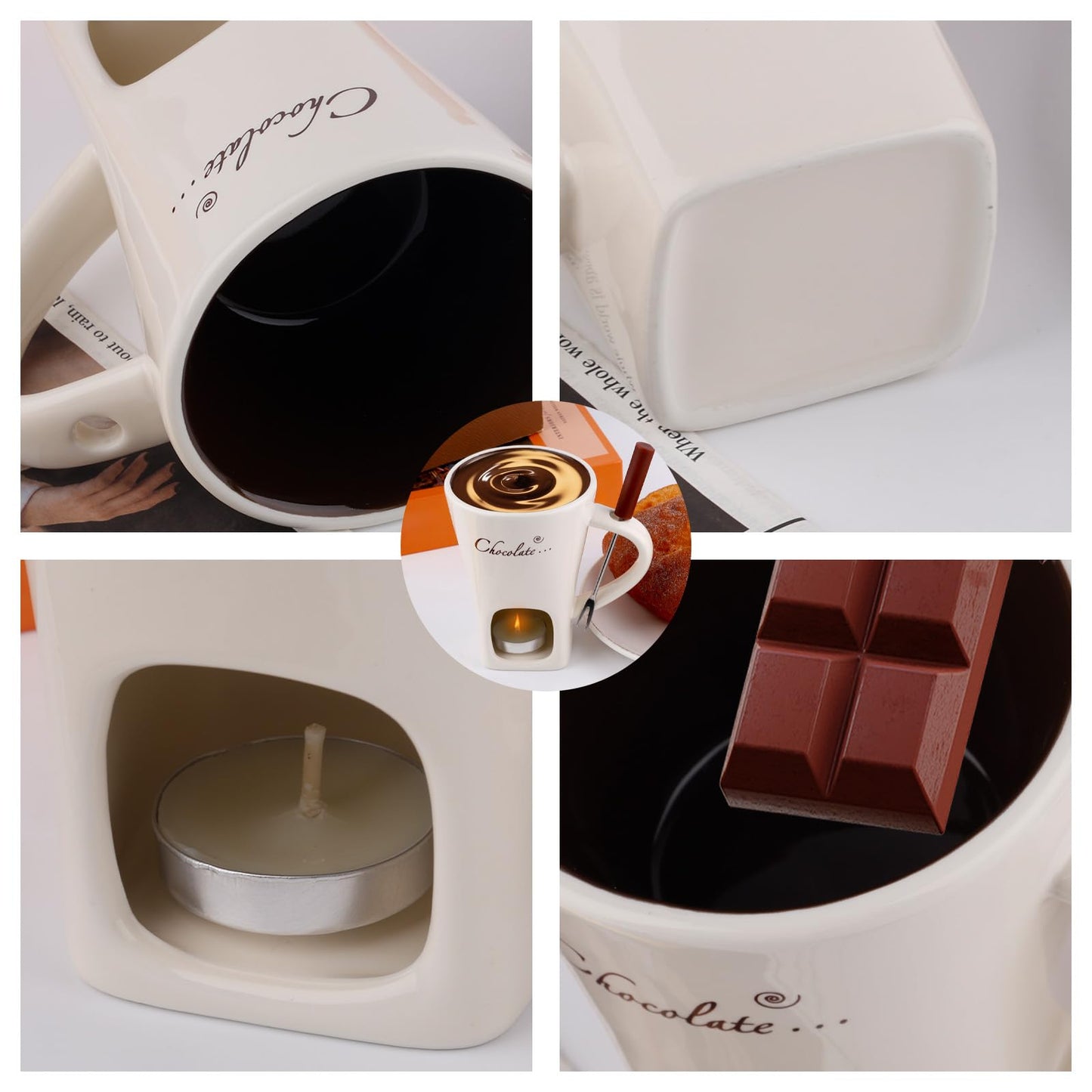 Chocolate Fondue Mug with Fork, Sweet Melting Cup with Tealights for Chocolate Cheese & Desserts Ceramic Fondue Pot Set Ideal Gift for Date Nights Birthdays Anniversary Weddings (White)