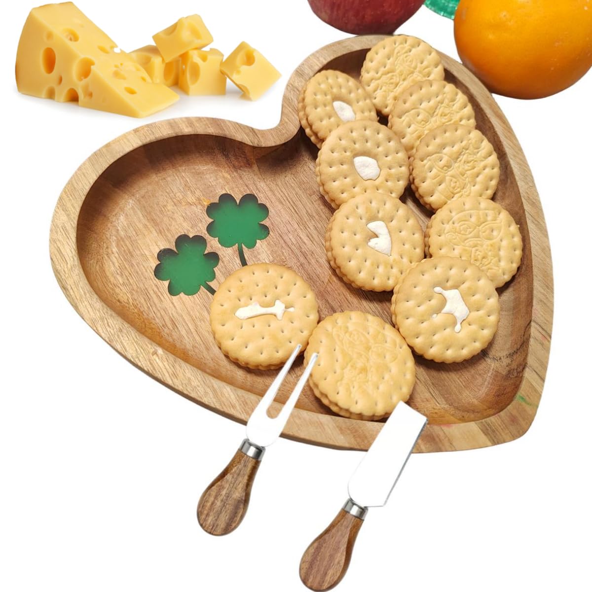 HSHQING Heart Shaped Acacia Wood Cheese Board with 4 Piece Cheese Knife Set, St. Patrick's Day Green Clover Resin Inlay Appetizer Plates Charcuterie Serving Tray for Wine and Cheese Parties