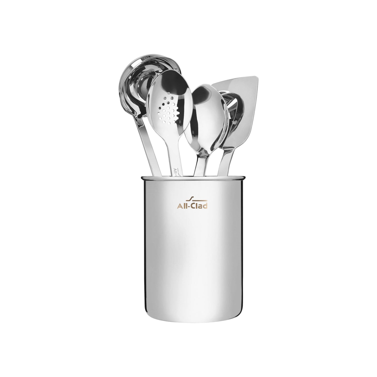 All-Clad 5-Piece Stainless Steel Kitchen Utensil Set – Includes Ladle, Solid Spoon, Slotted Spoon, Turner & Storage Caddy – Heavy-Gauge, Ergonomic, Dishwasher Safe, Silver