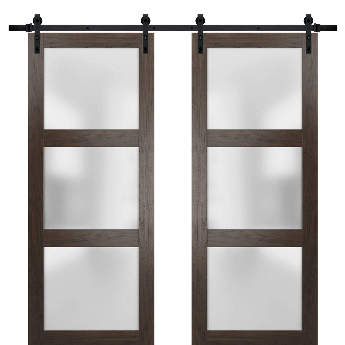 SARTODOORS Sturdy Double Barn Door with Frosted Glass | Lucia 2552 Chocolate Ash | 13FT Rail Hangers Heavy Set | Solid Panel Interior Doors-72" x 96" (2 * 36x96)-Black Rail