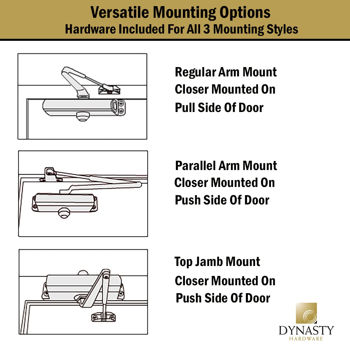 Dynasty Hardware Door Closer, Commercial Hydraulic Closer, Self-Closing, Spring Size 3, Surface Mount, Sprayed Aluminum, Series 3000