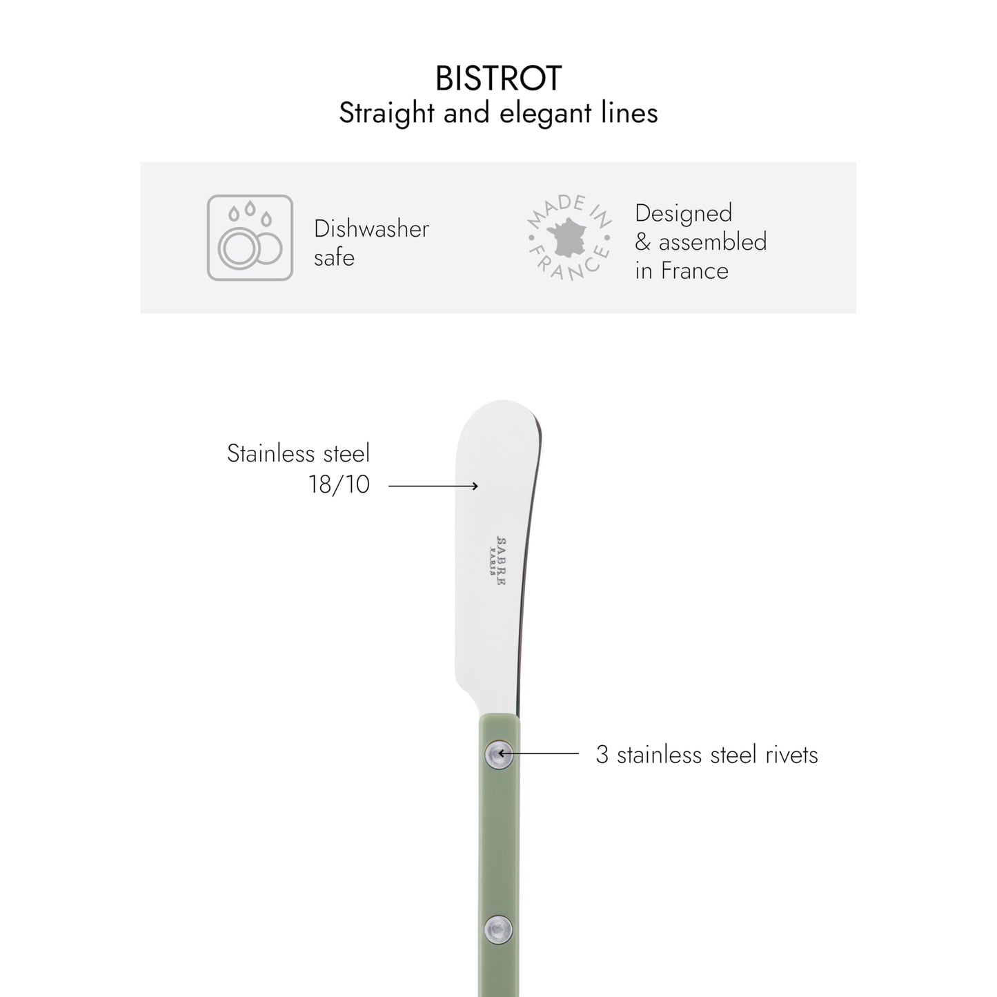 Sabre Paris - Set of 2 Spreader Knives 5.5 inches - Bistrot Collection - Perfect for Butter, Tapenades, Spreads - Stainless Steel & Nylon - Dishwasher Safe - Asparagus - Brilliant Finish