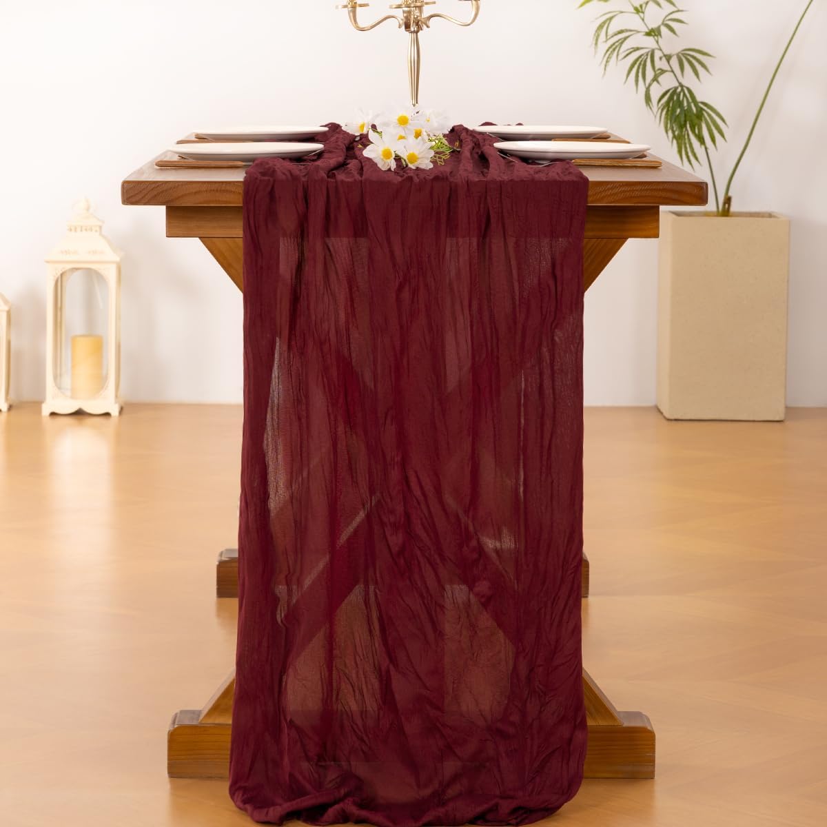 Socomi Burgundy Red Table Runner - Boho Rustic Cheesecloth Sheer 120 Inch for Weddings & Parties