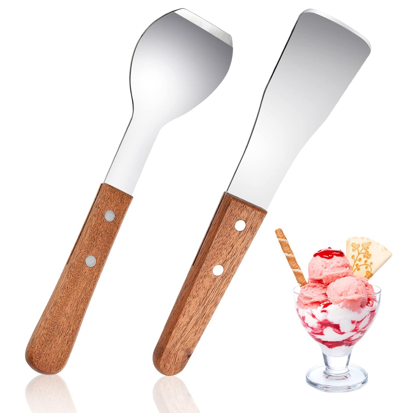 Aemygo 2 Pieces Ice Cream Scoop, Stainless Steel Ice Cream Shovel with Wooden Handle Metal Dessert Spade Butter Blade Cook Cake Scraper for Kitchen Party Wedding