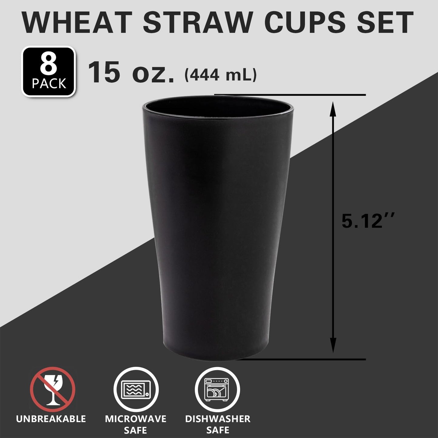 EI Black Wheat Straw Cups Set of 8,Drinking Glasses,Reusable Plastic Cups,Unbreakable Cups for Kitchen,Dishwasher Safe Water Glasses Tumblers,Suitable for Dinner on Picnic Outdoor Activities Dormitory