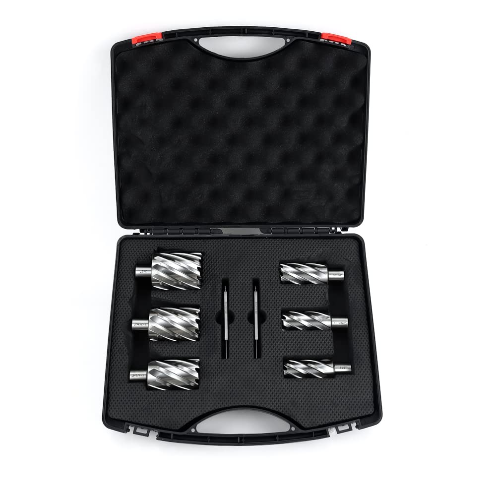OSCARBIDE Annular Cutter Set 8 Pieces, 3/4" Weldon Shank, 2" Cutting Depth,Cutting Diameter(1,1-1/8,1-5/16,1-1/2,1-3/4 and 2) inch, Mag Drill Bits for Magnetic Drill Press with 2pcs Pilot Pins