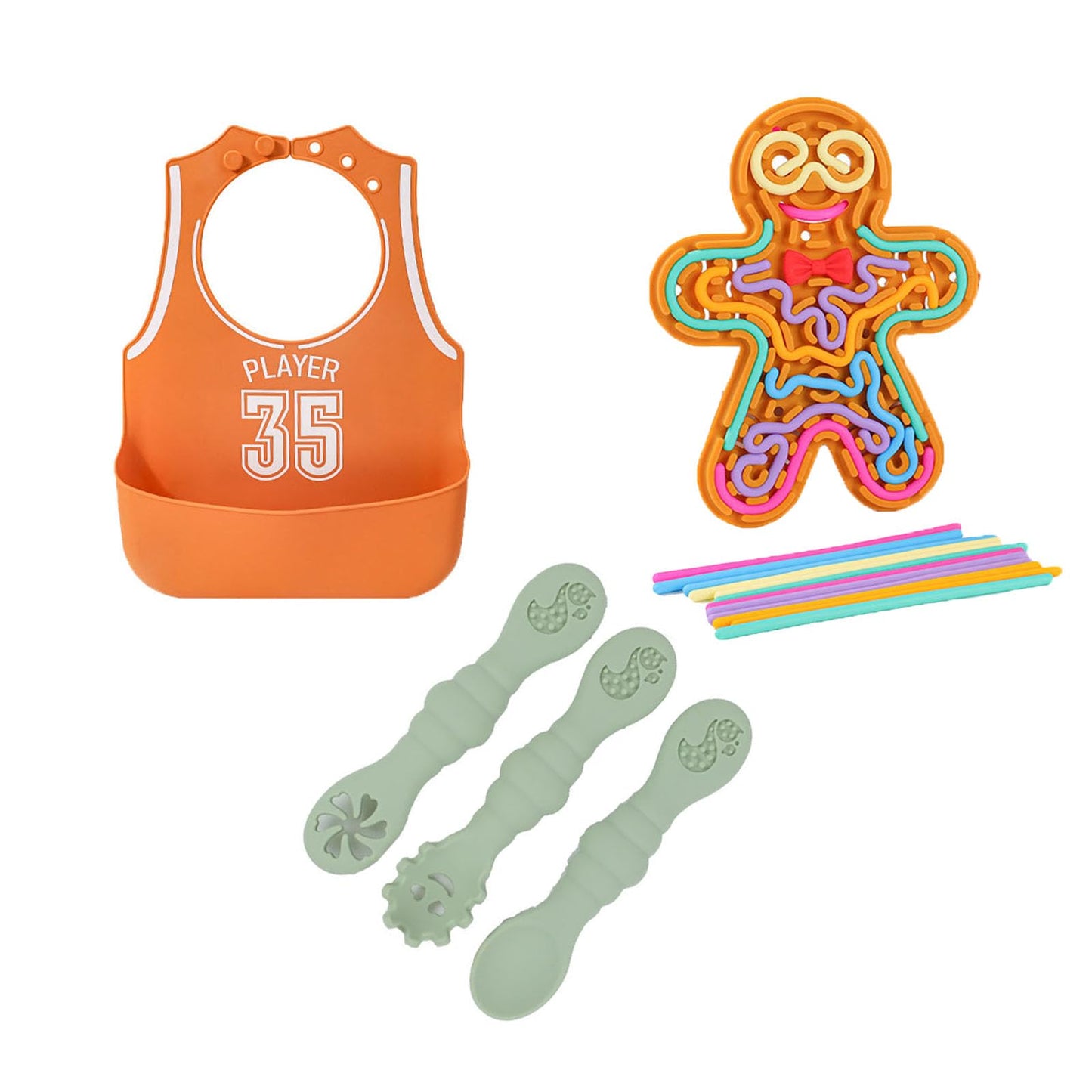 Premium Safe Silicone Baby Daily Care Set, Early Education Sensory Toy with Waterproof Feeding Bib & Multi-Functional Infant Complementary Food Spoons