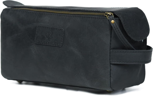Autentico Leather Toiletry Bag for Men Handcrafted Vintage Dopp Kit Organizer for Cosmetics Genuine Buffalo Leather, Shaving Kit with Waterproof Lining (Small, 10 * 5 * 4 Inches, Black)