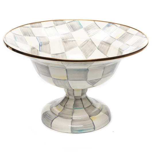 MACKENZIE-CHILDS Enamel Compote, Cute Enamel Pedestal Serving Dish or Decorative Bowl, Large, Gray-and-White Sterling Check