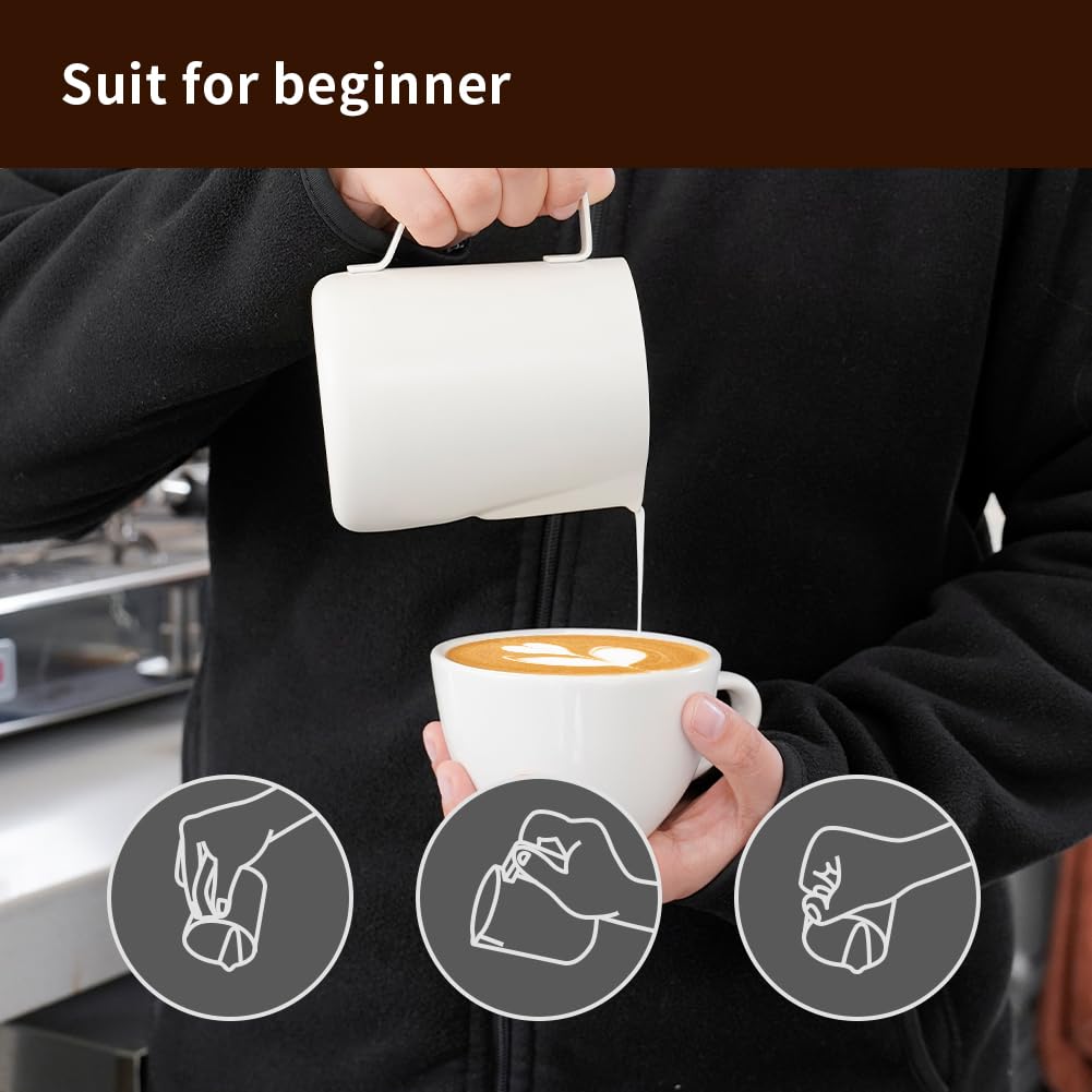 watchget Milk Frothing Pitcher 20oz/600ml - Stainless Steel Espresso Steaming Pitcher for Cappuccino & Latte Art, Creamy White
