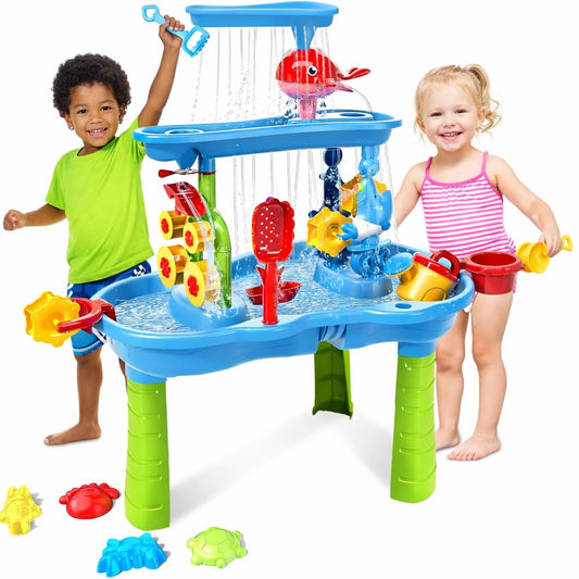 zefinot 3-Tier Water Table for Toddlers 1-3, Kids Water Play Table with Waterfall, Spinning Wheels and Splash Accessories for Outdoor Backyard Summer Fun