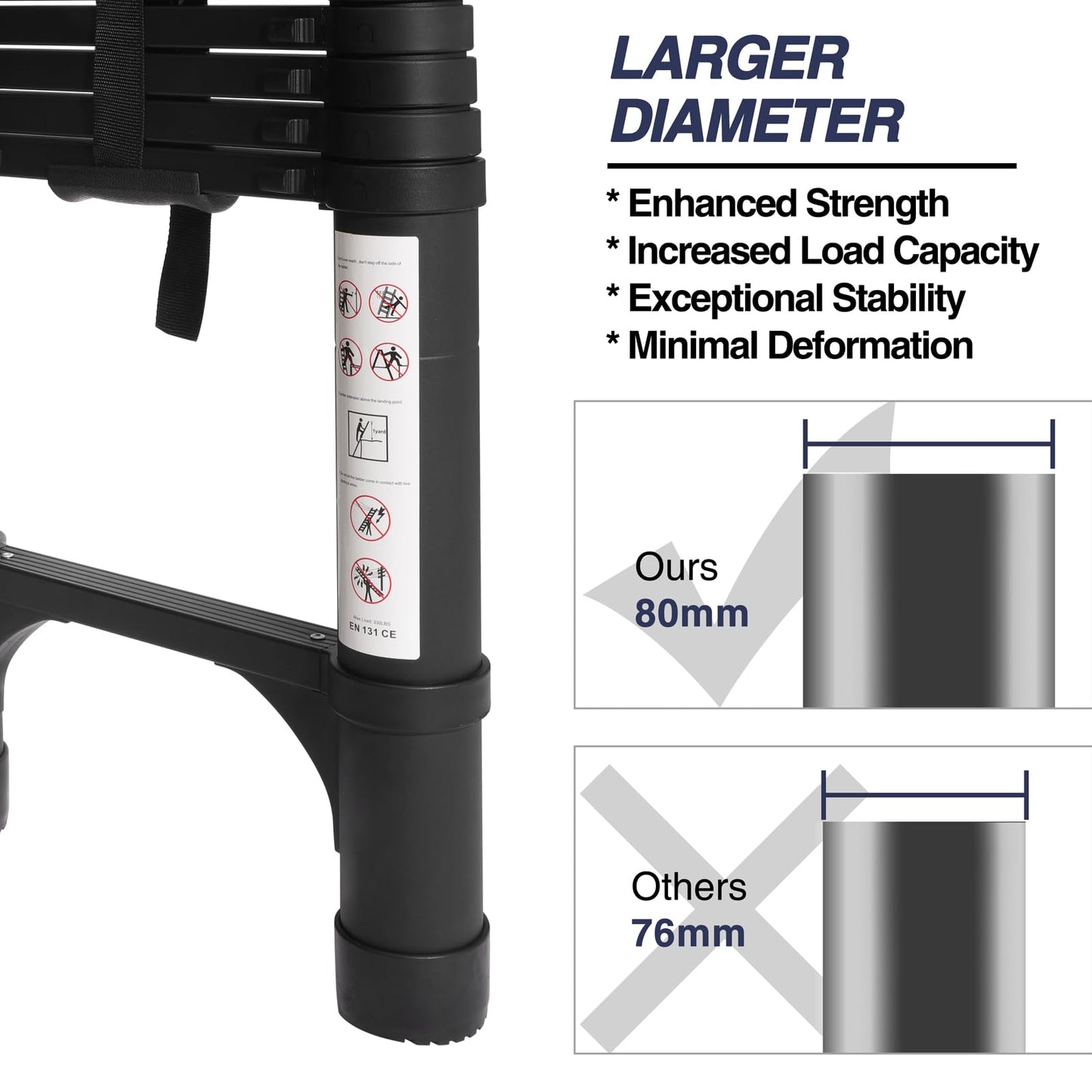 BOCOM 14.5 FT Aluminum Telescoping Ladder, Lightweight Multi-Purpose Collapsible Extension with 2 Triangle Stabilizers, Heavy Duty 330 lbs Max Capacity, Ideal for Home, RV, and Outdoor Work Black