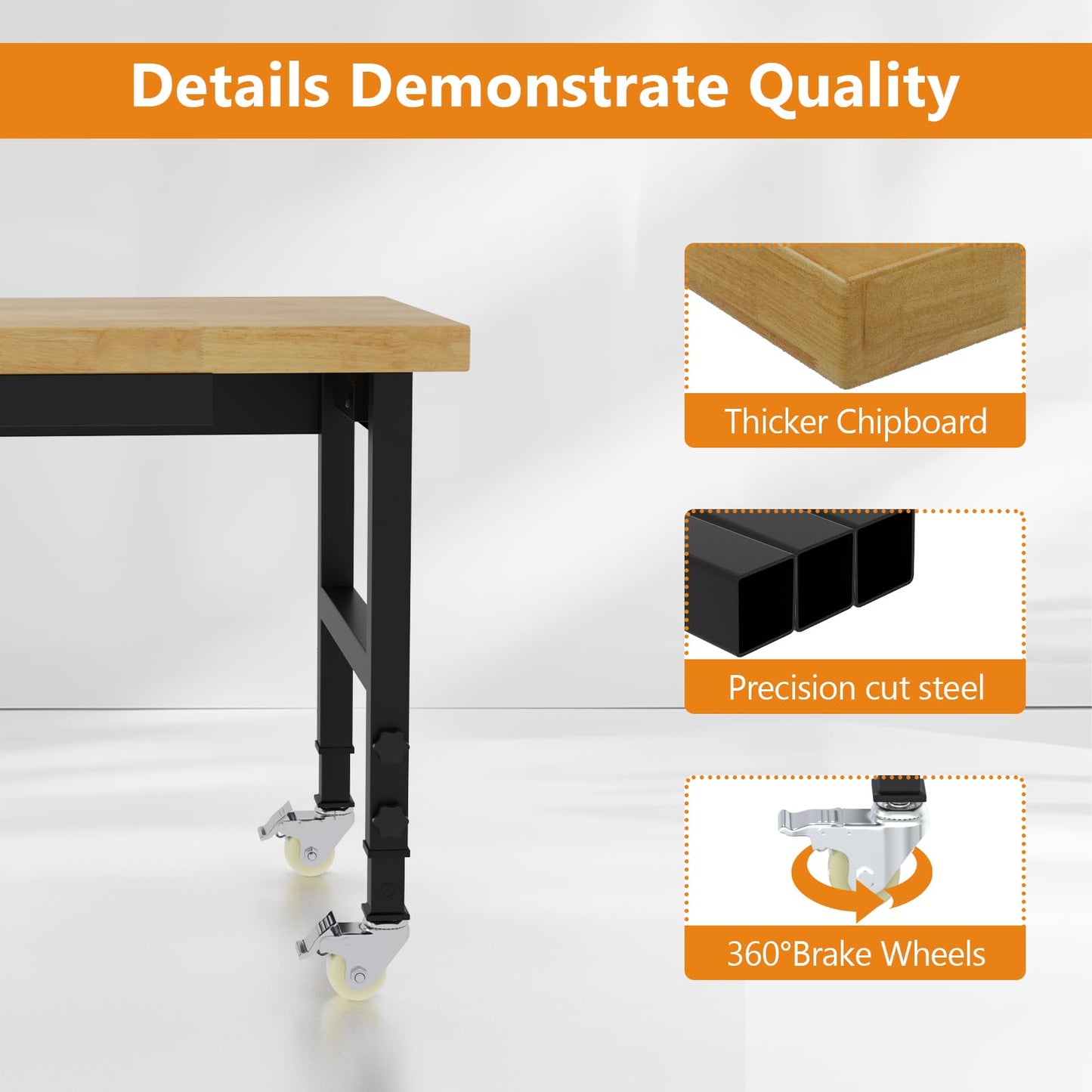 Pelnuies 48" Heavy-Duty Solid Wood Work Bench with Drawers, Adjustable Height Workbench with Wheels, 2000 LBS Capacity Work Table with Power Outlets for Garage, Workshop(48" X 24")