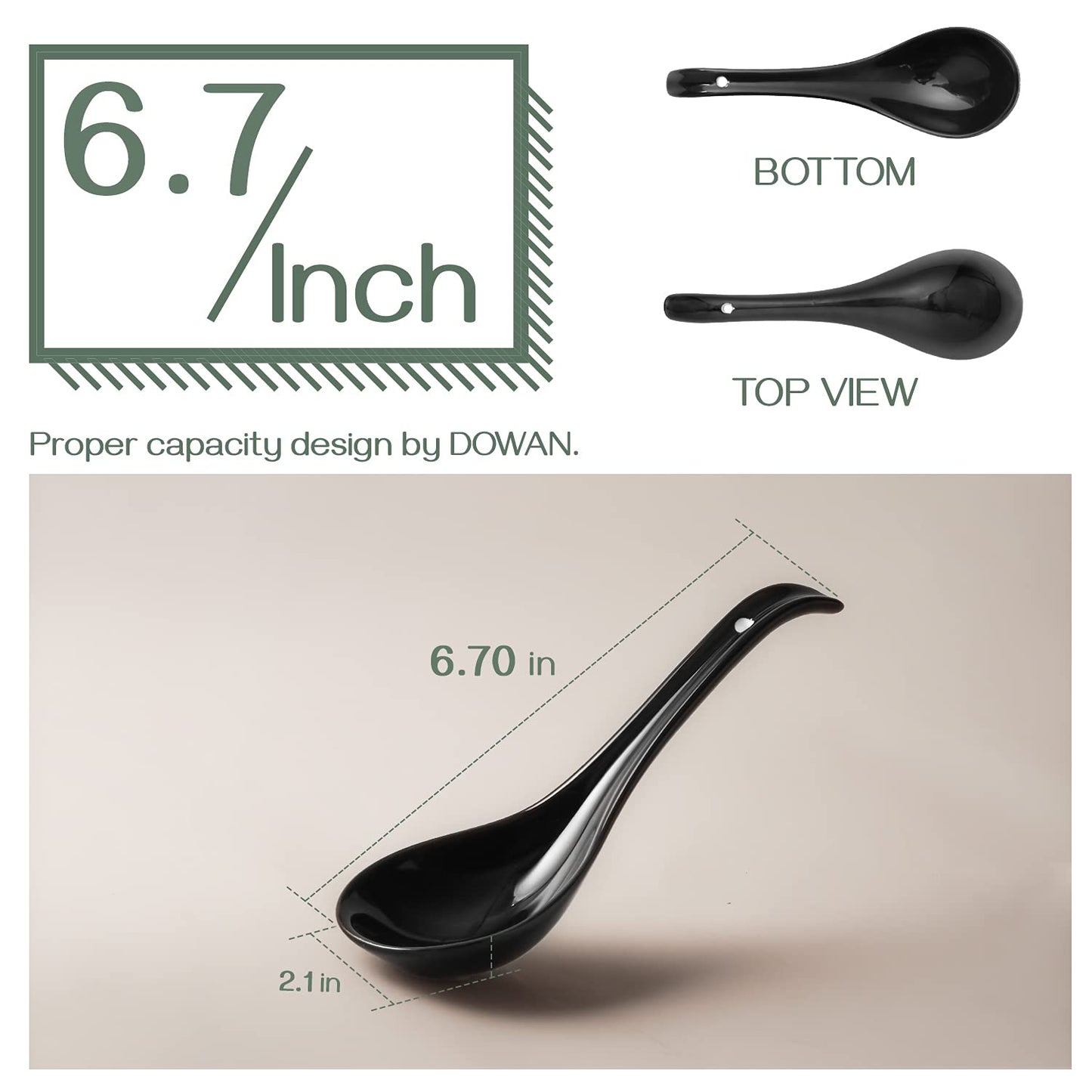 DOWAN Soup Spoons, Ceramic Chinese, Asian Soup Spoons, White Japanese Spoon Large for Ramen Pho Wonton Dumpling Miso, Deep Oval Hook Design, Set of 6 (6, Black)