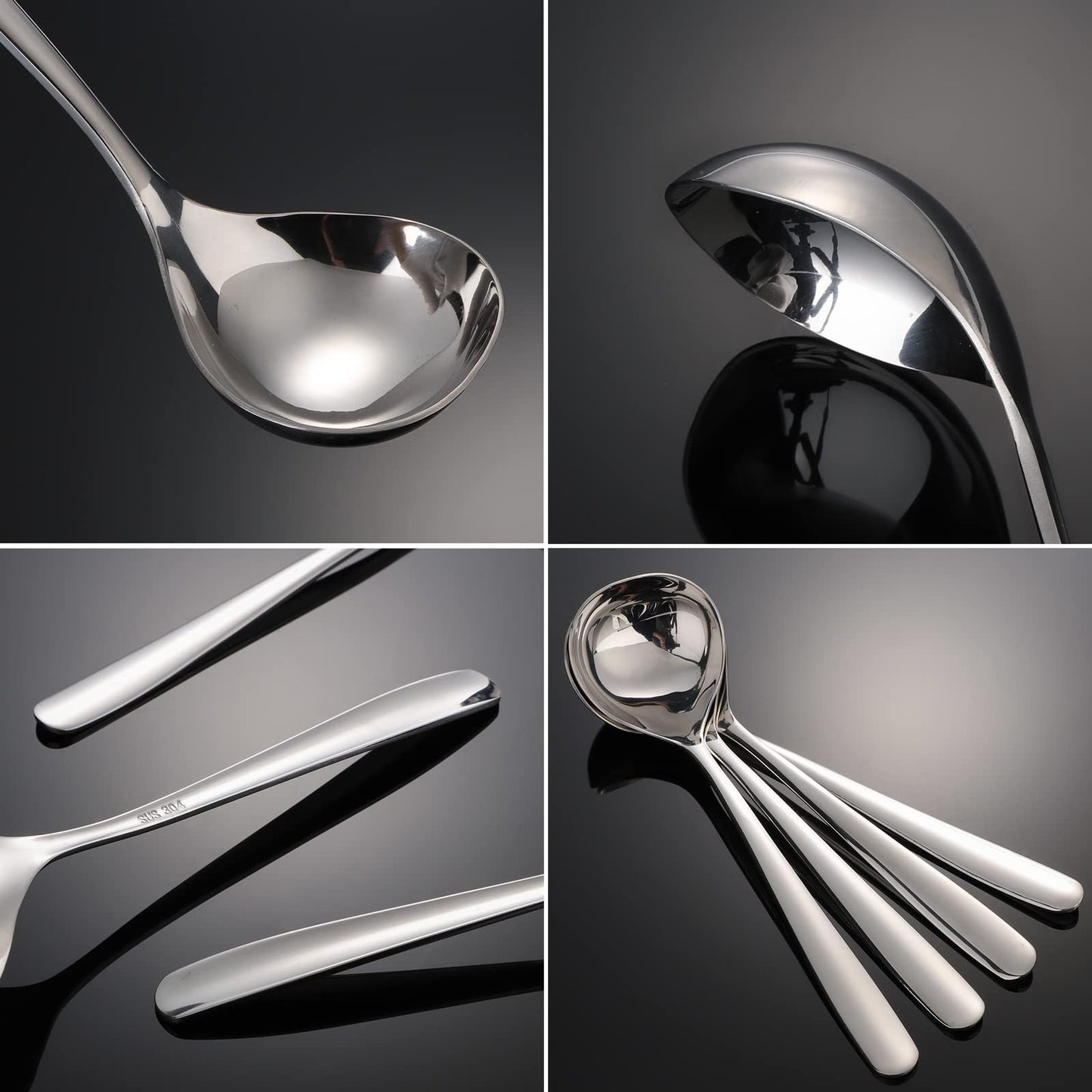 Soup Spoons Stainless Steel Ramen Spoon Set of 4 Heavy Duty Big Spoon Mirror Polished Asian Soup Spoons (Short Handle)