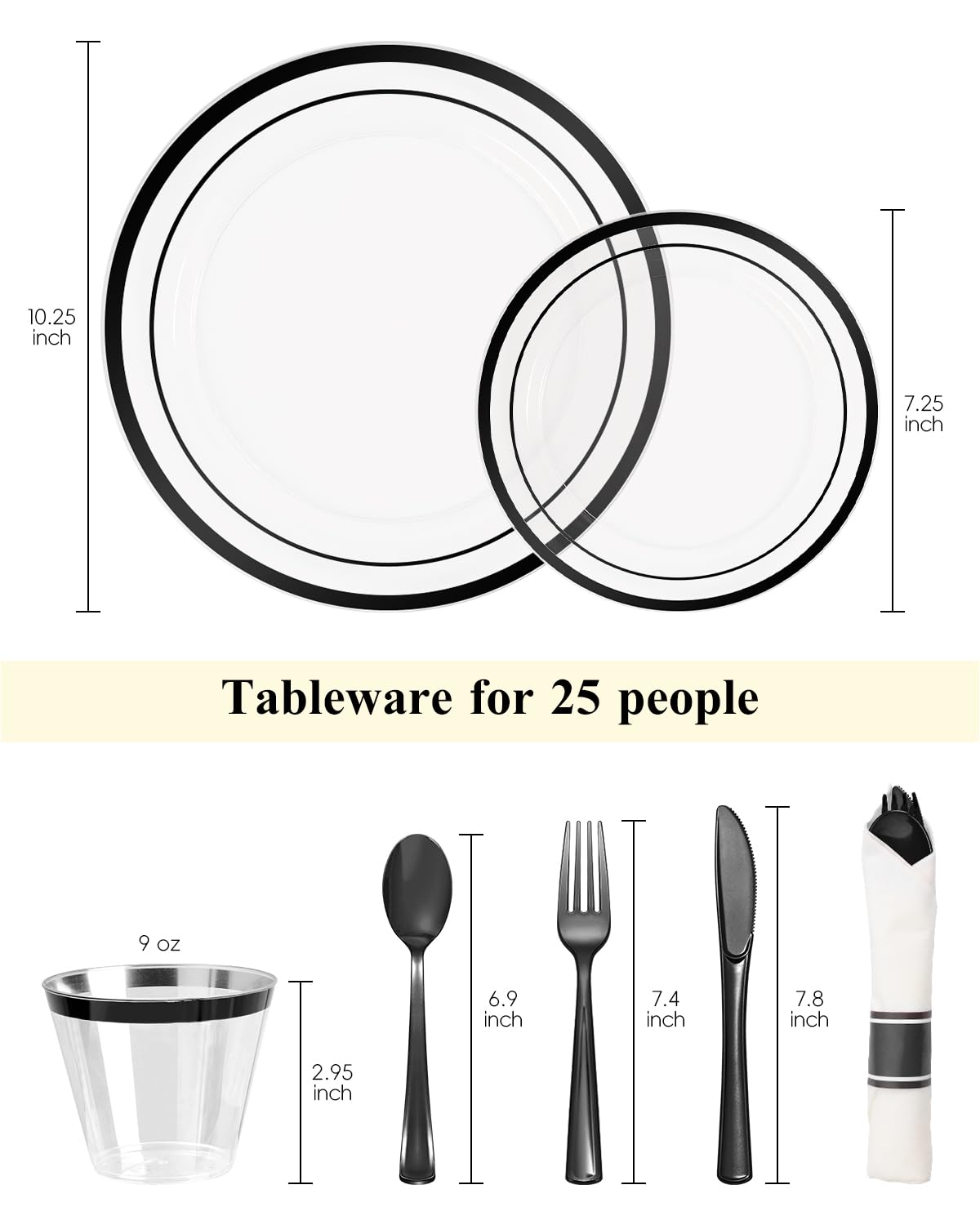 Goodluck 175 Pcs Black Plastic Plates, Clear Plastic Silverware Disposable Plates Set, Include 50 Plates, 25 Pack Pre Rolled Napkins with Silverware, 25 Cups for Party, Wedding, Graduation