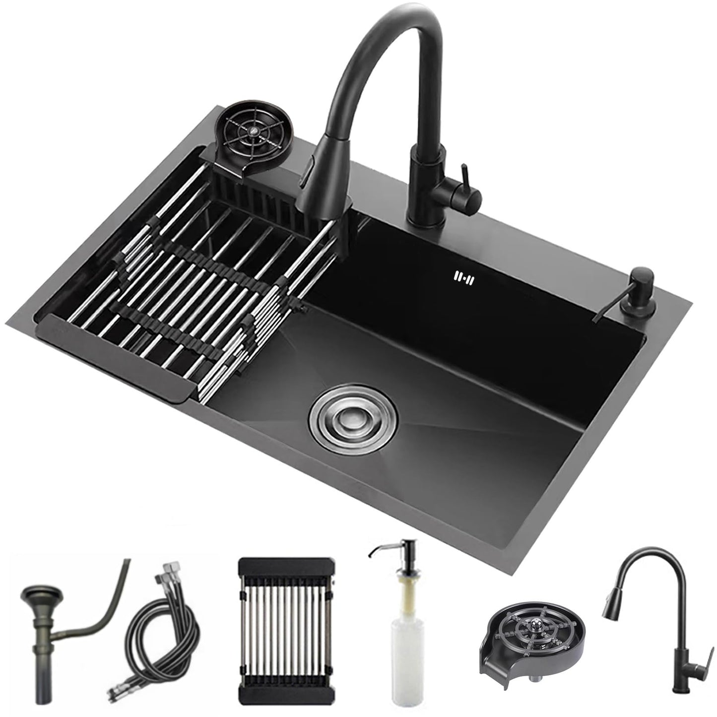 YINXSLO Black Kitchen Sink with Faucet, Top Mount/Drop-In 3 Hole Single Bowl Stainless Steel Sink with Cup Washer, Soap Dispenser, Drainage kit for Bar, Kitchen, Balcony (19.7 * 17.7in)